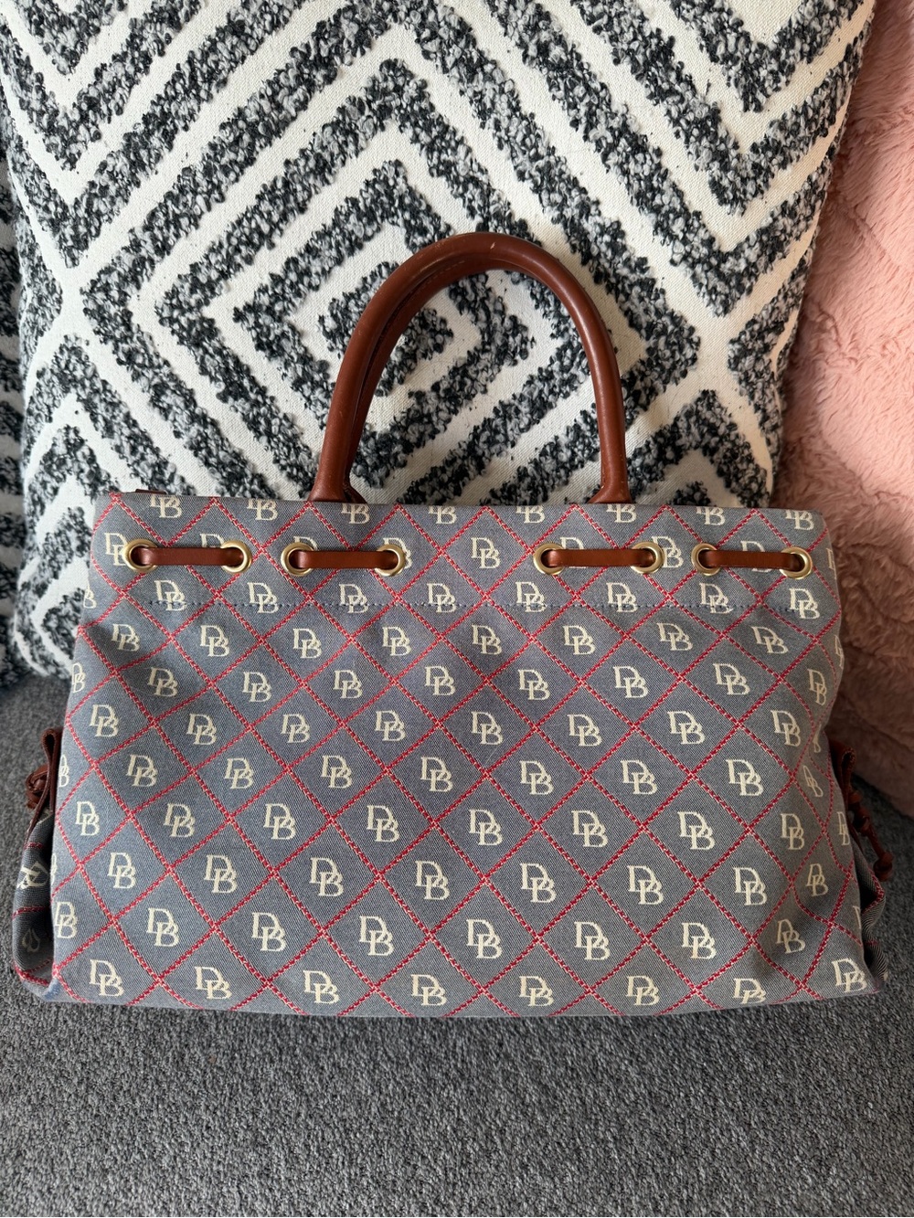 Dooney and Bourke Monogrammed Pattern Gray and Brown Tote Bag with Tassel - Picture 2 of 8